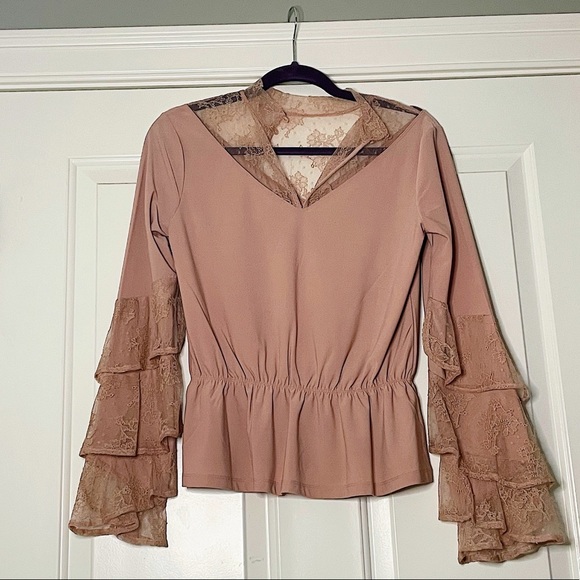 High-Neck, Ruffle, Lace Blouse - Picture 3 of 5